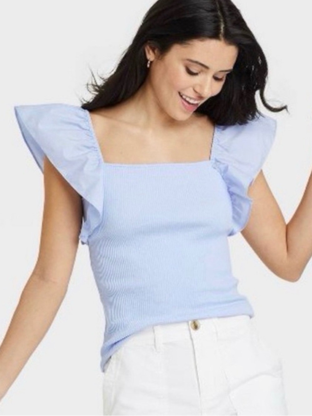 a new day Pastel Blue Square Neck Ruffle Tank